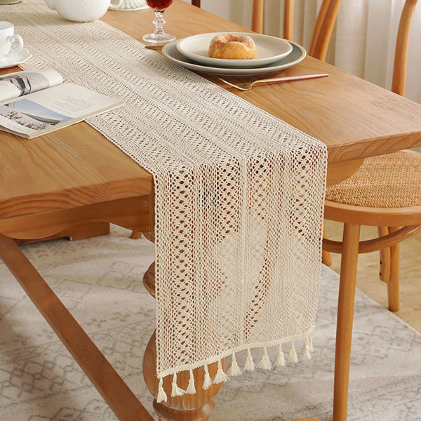 30*180cm Boheme beige bordløber, vintage bondegård Boheme