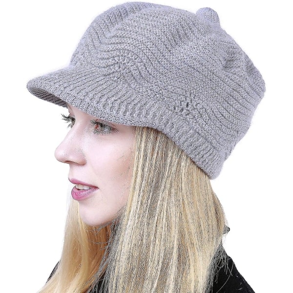 Wekity Dam Vinter Varm Slouchy Kabelstickad Beanie Skull Hat med Visir, Grå
