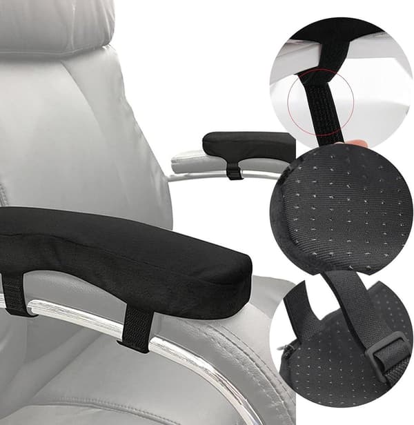 Stol Armlænspuder Sæt med 2, Bløde Memory Foam Puder med Justerbare Stropper, Albue Håndledsstøtte til Kontor Gaming Skrivebordsstole, Sort