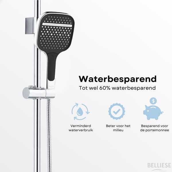 Belliese Bliss Håndbruser med 1,5 m slange, 3 sprøjtetilstande med vandfald, krom sort, vandbesparende, nem installation til moderne badeværelse