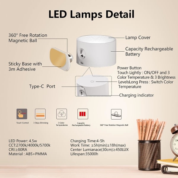 LED-vägglampa, väggmonterad lampa, USB port med laddningsbart batteri