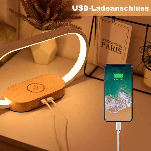 Trådløs Lader Nattbordslampe, Berøring med USB-port, Induksjonslader med Klokke, Bordlampe med 3 Fargemoduser og Dimbar, Tre & Hvit