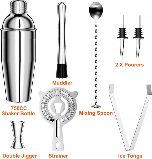 Cocktail Sæt - 8 Dele - Omfattende Sæt - Rustfrit Stål - Cocktail Shaker Sæt - Cocktail Shaker (750ml) - Bar Tilbehør - Gaveindpakning - Sølv