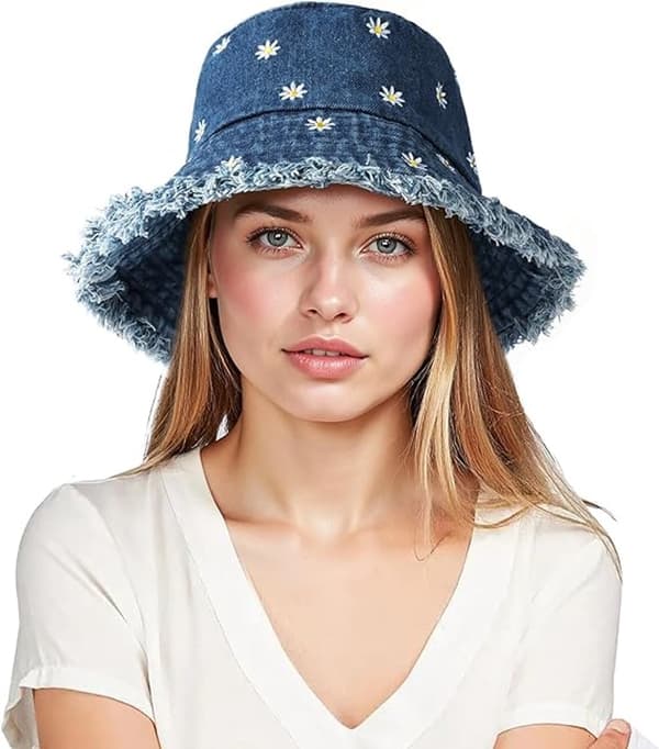 Denim bøllehat til kvinder, UPF 50+ solbeskyttelse, foldbar bomuld, tusindfryd broderi, strandrejsehat, blå, 56-58 cm