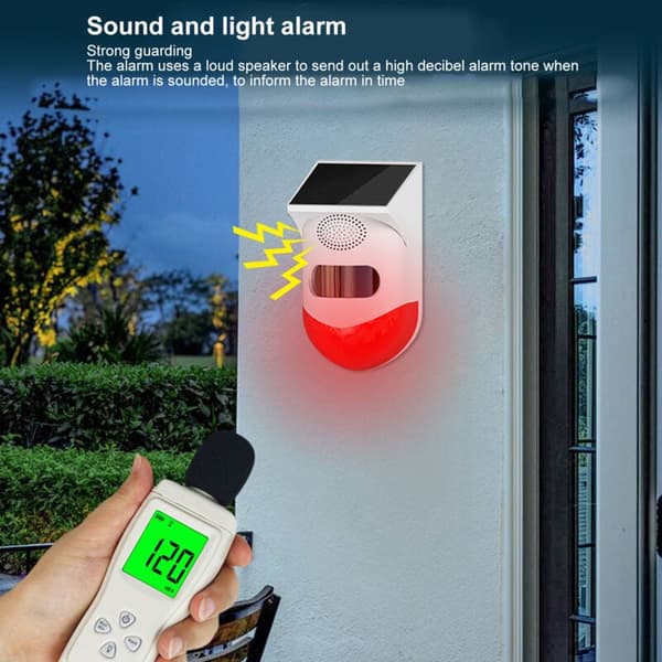 Utomhus Solcellsdriven Rörelsesensor Alarm Utomhus Solcellsdriven Trådlöst Säkerhetslarm med Ljud- och Ljusvarning, DUBUNS