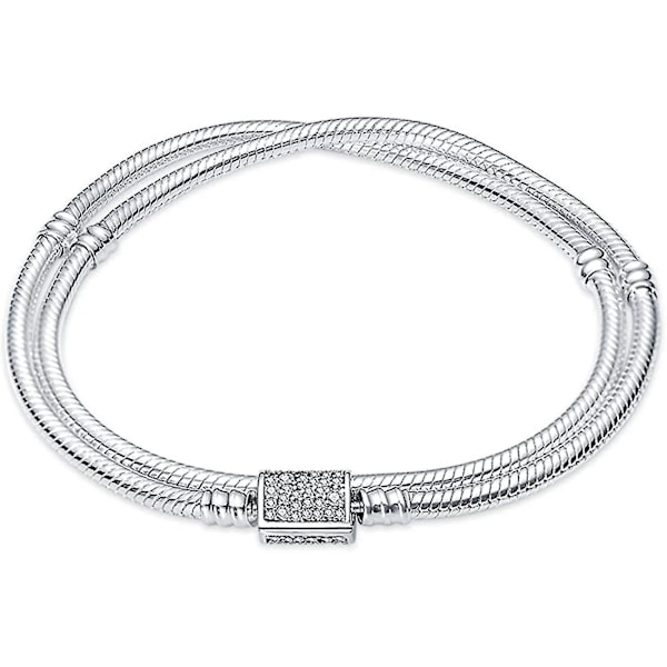 925 Sterling Sølv Slangekæde Armbånd Fuldt Kompatibelt med Pandora Charms, Sød Klo Armbånd med Skinnende Rund Lukning Charm Transparent Cz Jul