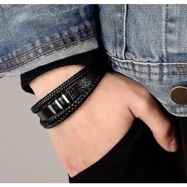 Sort læderarmbånd til mænd - Gave til mænd 23 cm_yux