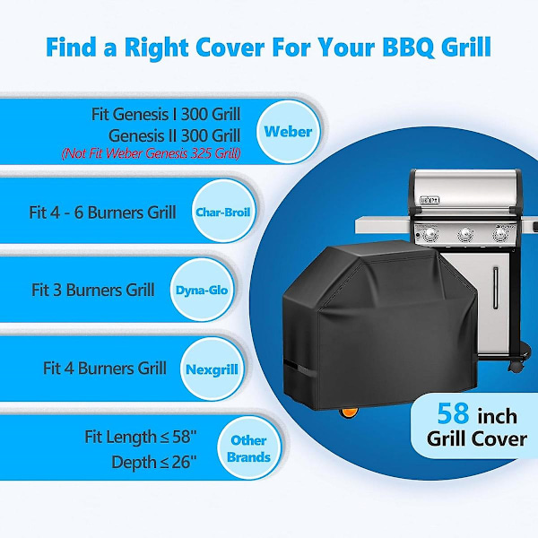 Grillöverdrag 147 cm, Överlägset grillöverdrag för Weber Genesis 300-serien, 600d utomhusgrillöverdrag för Dyna-glo, Char-broil, Nexgrill, Monument
