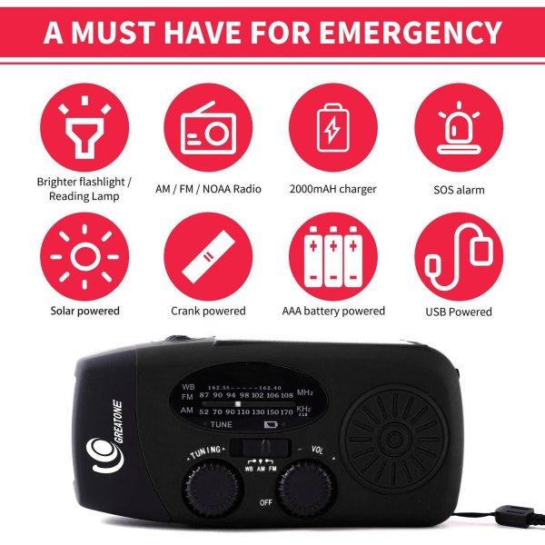Radio Kannettava Hätäradio Aurinkopaneeli Generaattori Virta Päivitetty Aurinko Radio 2000mAh AM/FM Käsikäyttöinen Radio Vaellukselle Leirintä Ulkoilu Hätätilanteessa
