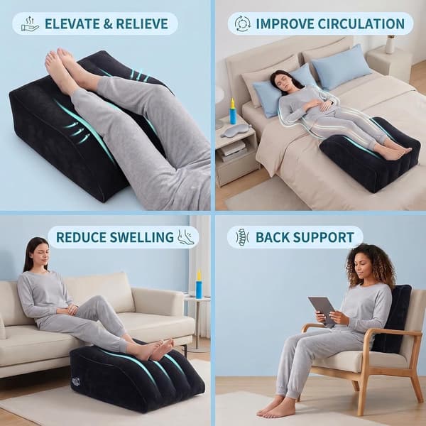 Oppustelig benløftpude med 45° ergonomisk design til søvn, rejser og hjemmebrug, bærbar PVC-kilepude, sort