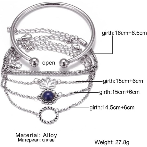Galaxy Set med 5 blomsterarmbånd og silverädelstenar cirkel - handgjord - håndkjede for kvinner och flickor