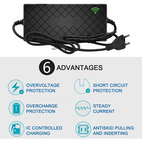 24V 2A Elektrisk Sykkel Smart Litium Batterilader Utgang 29.4V 2A Lader DC Port Hurtiglader Med Kjølevifte, RCA Plugg, DEBUNS