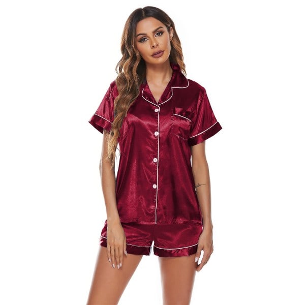 Silkesatin Pyjamas Sett for Damer Korte Ermer Sleepwear Shorts Sett rød l red l