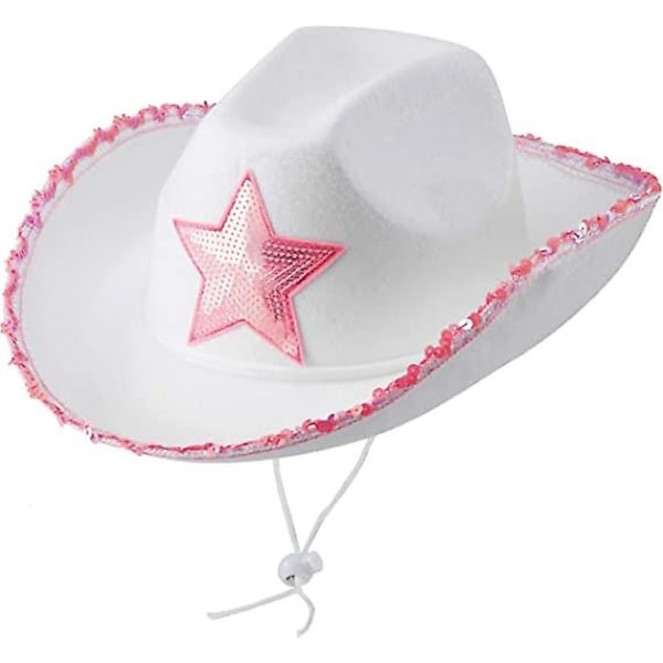 Vita cowgirlhatte - (1-pak) Rosa stjerne cowgirlhat med paljettkantfrans