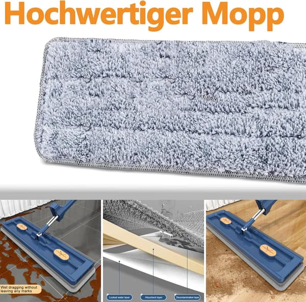 Stor flad moppe med 360° roterbar vridfunktion, mikrofiberpuder til hårdttræ Blue + 2 rags