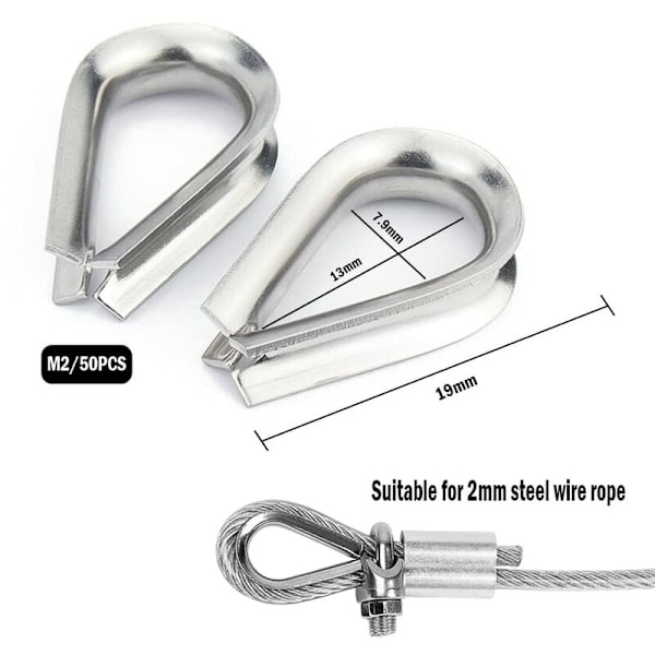 50 stk. M2 304 Rustfritt Stål Wiretau Kauser Hjertekaus for Stålkabel for 2mm Wiretau