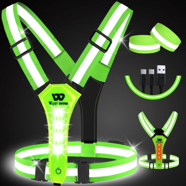 LED Refleks Løpevest, USB Oppladbare Løpelys for Løpere, Elastisk Justerbar Refleks Løper Grønn