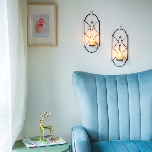 Set med 2 värmeljushållare Ljushållare Väggmonterad metallljushållare, ljushållare för vägg i sovrum, badrum, vardagsrumsdekoration, svart
