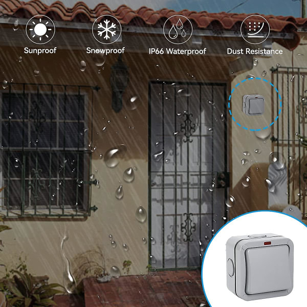 Vattentät strömbrytare utomhus, strömbrytare för utomhusbruk, arbetsområde med indikatorlampa, skydd mot regn