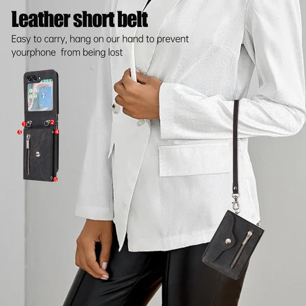 TG-etui kompatibelt med Samsung Galaxy Z Flip 5, PU-cover med crossbody-rem og kortholder Blå