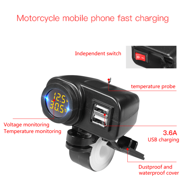 Motorcykel 18W QC3.0 Dubbel USB Snabbladdare Spännings- och Temperaturdisplay Voltmeter Röd 1