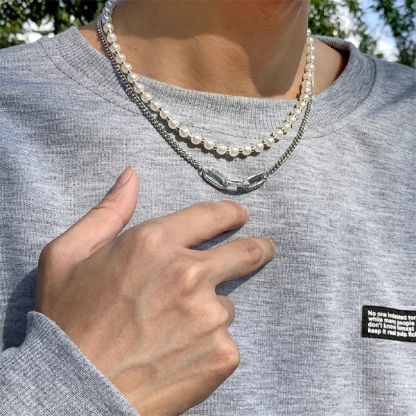 Hip Hop Retro Imitert Perlehalskjede for Menn, Hvit K-sett 2564
