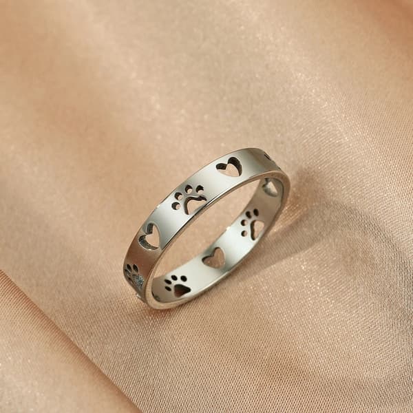Ring med poter og hjerter - Paw Animal mønster - Kat/Hund/Dyr - Rustfrit stål Silver grey Silvergrå