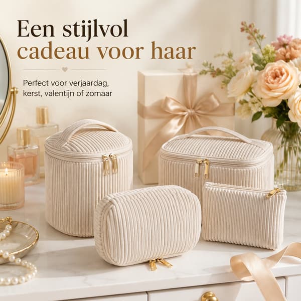 Makeuptaske sæt, 4-delt fløjl kosmetikorganizer med lynlåsposer, rejsetoilettasker til kvinder, stor kapacitet, beige