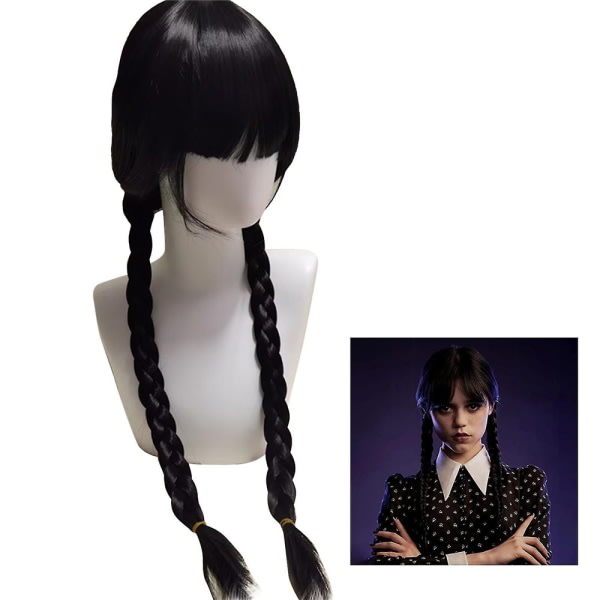 TG Onsdag Addams Kvinde Cosplay Paryk Film Lang Sort Fletning Hår