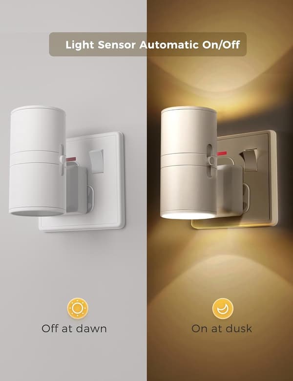 Plug-in nattlys, dimbar LED med skumring-til-daggry-sensor, 3000K varmhvit, for soverom, bad, barnerom, hvit 2-pakning