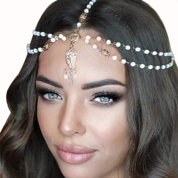 TG Vintage Layered Head Chain Gold Pendant Headpieces Pearl Head Acc