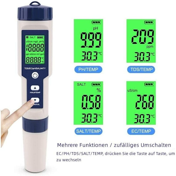 PH-måler, 5 i 1 PH/TDS/EC/Salinitet/Temperaturmåler, Vandkvalitetsmonitor Tester til Pools, Hydroponics, Drikkevand, Akvarier
