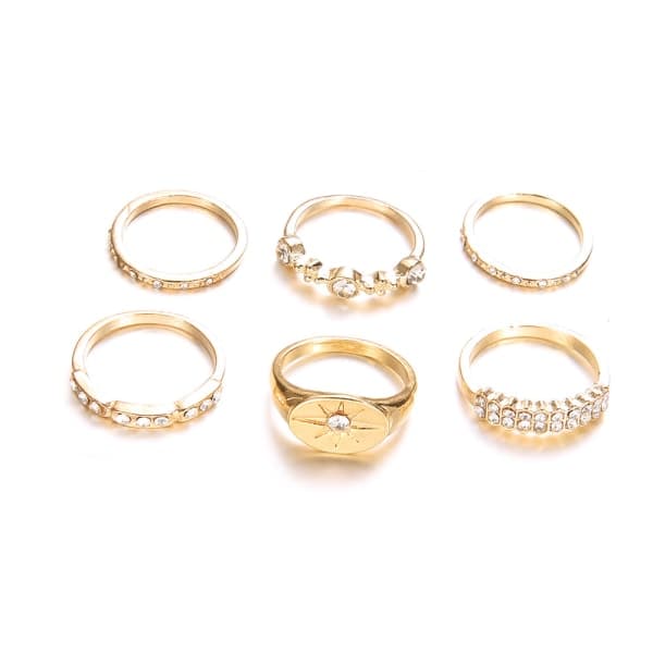 6-pack Boho guldringar - glittrande strass och olika mönster i guld_yux