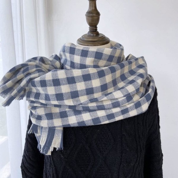 Wrap Vinterhalsduk Patchwork Gitter Tofs Mjuk Varm Sjal Tjock Filt Mode Grå Blå Mjuk Handhalsduk Vinter Damhalsduk