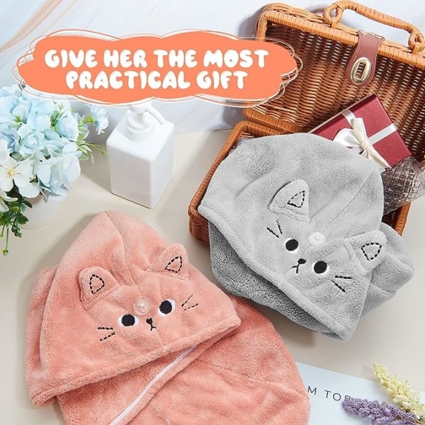 2 stycken mikrofiberhårhanddukar, rosa, grå (katt), absorberande h