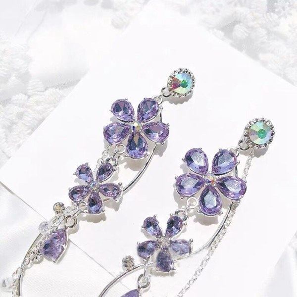 Sølv lange blomsterøreringer Lilla strass Store elegante blomsterformede dråpeøreringer Statement Charm-ørering Kroppssmykker for kvinner og jenter