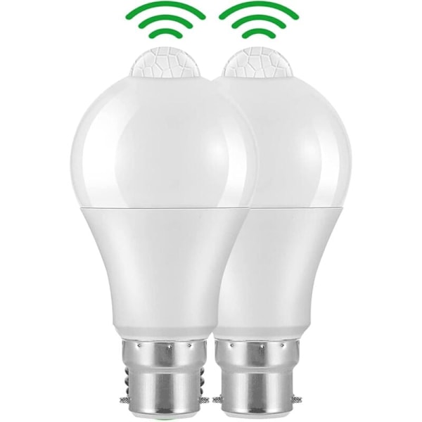 B22 Bajonet LED Pære med Bevægelsessensor, 12W, 1020lm, Kølig Hvid 6000K, CIR 85, IP42 Vandtæt Energibesparende, Ikke-Dæmpbar, Bevægelsessensor Pære (2 stk)