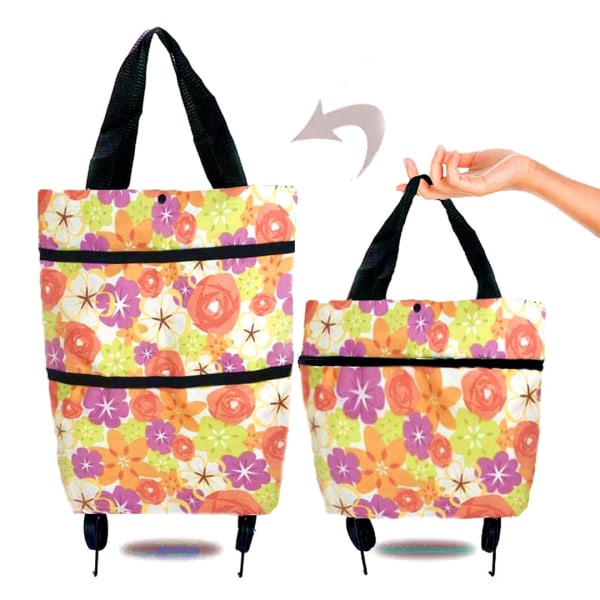 Vikbar shoppingväska med stor kapacitet med hjul, återanvändbar, multifunktion (orange blomma*1 st) NO:4 stl.
