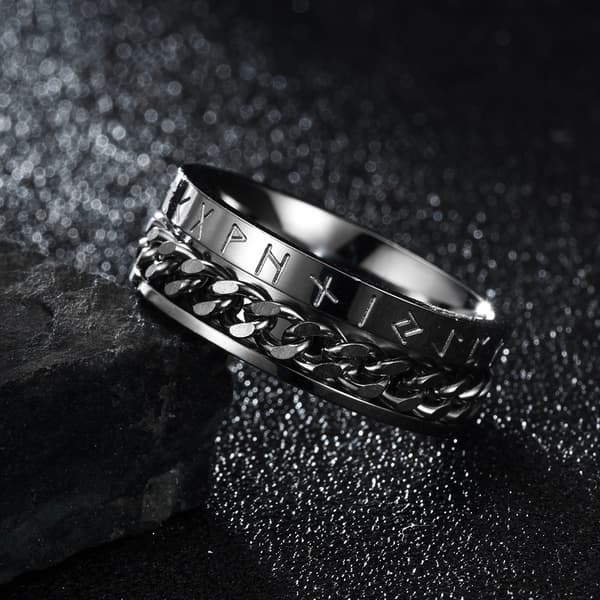 Populær vikingebogstaver rustfrit stål ring kæde titan stål ring ring nordisk stil black Standard size 5