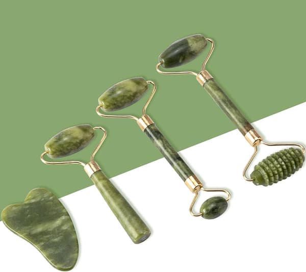 Grøn Jade Roller & Gua Sha Sten - 5 Dele - Ansigtsrulle & Gua Sha Sæt - Naturlig Jade Roller - Ansigtsrulle - Jade Roller - Ansigtsmassage