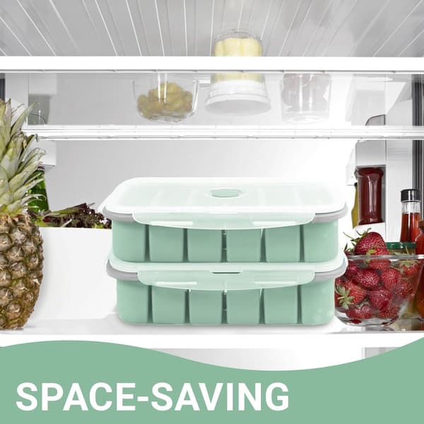 Silikonsoppfrysförpackning med lock 2-pack, 6-portions isbitsform med mått för såsbuljong barnmat, grön
