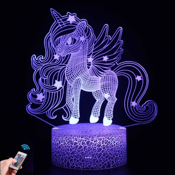 3D Unicorn Night Light, 16 f?rgskiftande 3D-lamppu fj?rrkontroll