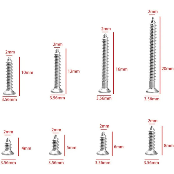 800 st Små M2 Självspännande Skruvar Sortiment Sänkt Phillips Träskruvar (M2-4mm 5mm 6mm 8mm 10mm 12mm 16mm 20mm)