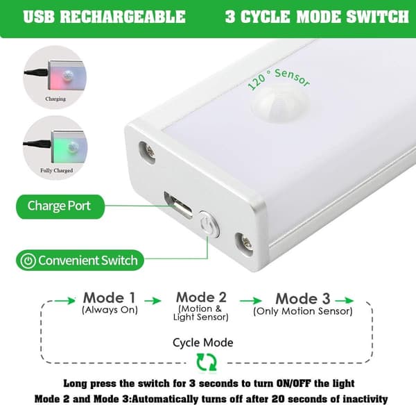 Sensoraktiverte LED-garderobelys, trådløse USB-oppladbare batteridrevne, 3 moduser, hvit 3-pakning