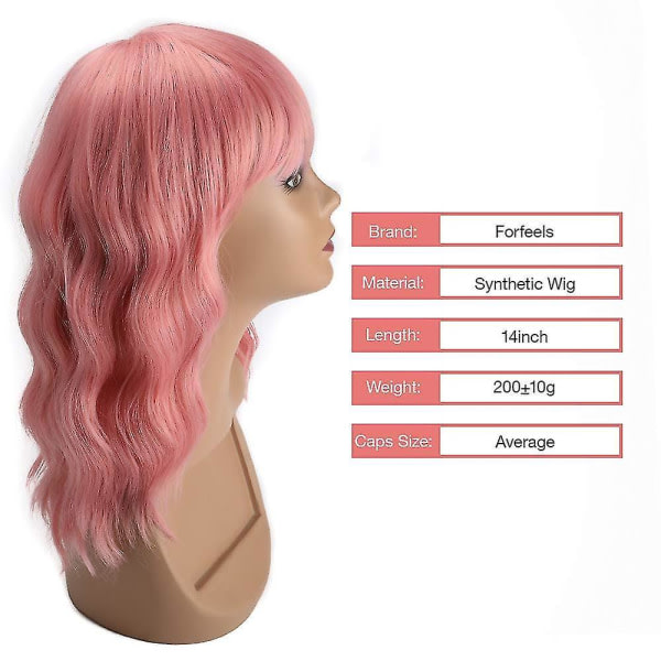 TG 14 tum kort lockigt hårdæmper, rosa peruk med lugg Syntetisk kort vågig peruk for kvinder flickor