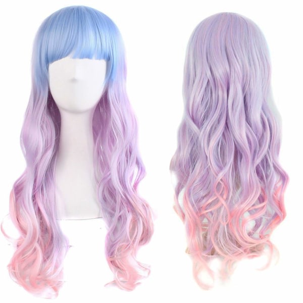 TG Lång vågig peruk Färgglada peruker för naispuolinen flickor Harajuku Style Cosplay Party Kostym Syntetisk peruk (Ljusblå/Ljuslila/Rosa)