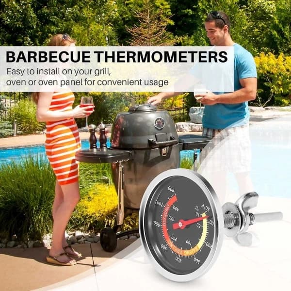 Grilltemperaturmåler sæt med 2 metal BBQ rygertermometer til kulgrill, pit, pizzaovn, sølv