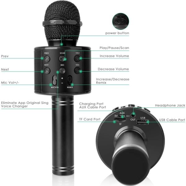TG Trådløs Bluetooth-mikrofon til børne-karaoke (sort), 5-i-1 bærbar