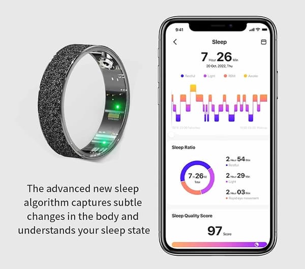 Smartring for menn og kvinner, Titanium Smart helsering uten app-abonnement, søvn-, hjertefrekvens- og kalorimåler, IP68 vanntett, gull størrelse 8
