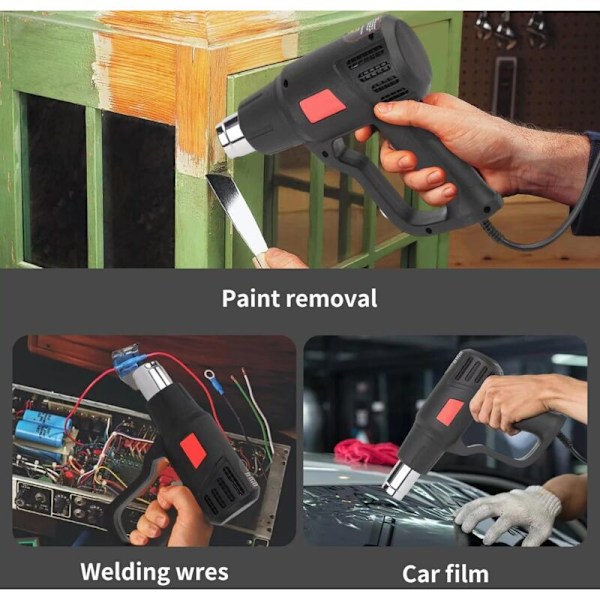 2000W Varmepistol Varmluftpistol 60℃-600℃ Trinløs Temperaturkontrol + 2 Luftstrømme Overbelastningsbeskyttelse Velegnet til Opvarmning, Afrimning og Lodning